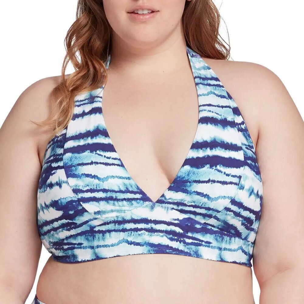 NWT CALIA Womens Halter Medium Support Swim Bikini Top Watercolor Stripe Blue 2X